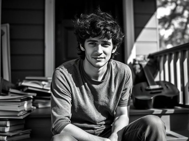 A candid portrait of Ben Rice sitting courtside or at a locker room interview, surrounded by notes and recording equipment, w