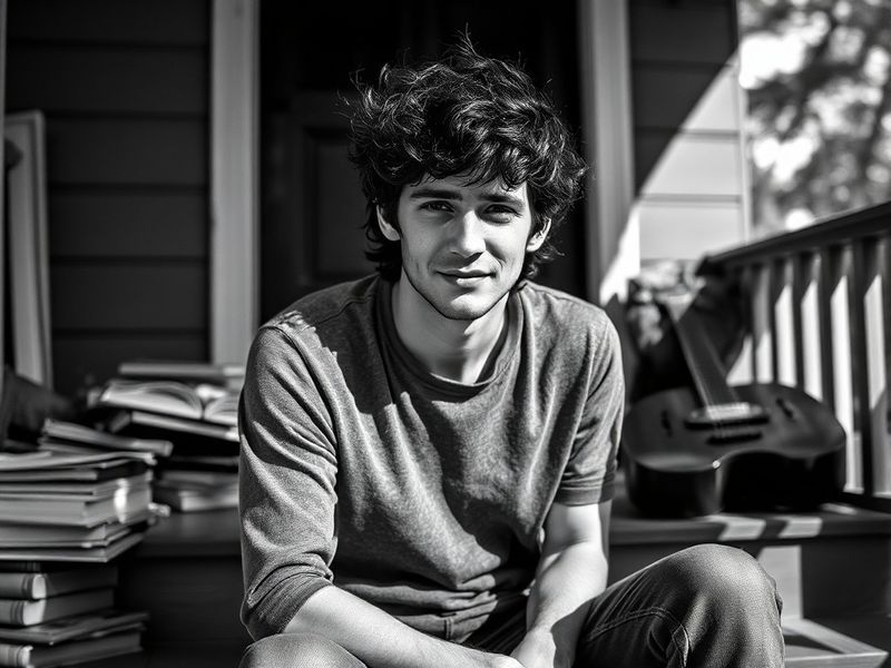 A candid portrait of Ben Rice sitting courtside or at a locker room interview, surrounded by notes and recording equipment, w