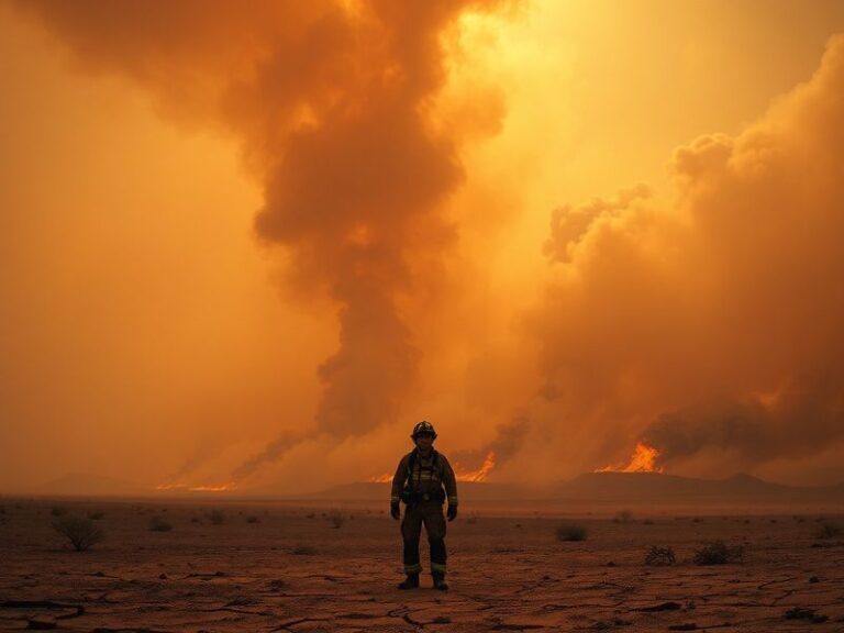 A wide-angle shot of a wildfire burning through a forested hillside under a smoky orange sky, with emergency responders in th