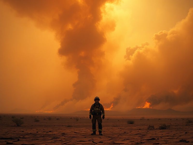 A wide-angle shot of a wildfire burning through a forested hillside under a smoky orange sky, with emergency responders in th