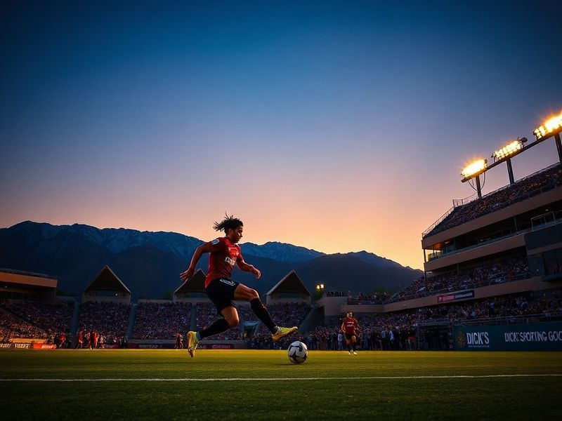 A vibrant action shot of the Colorado Rapids playing at Dick’s Sporting Goods Park, with fans in team colors creating a dynam