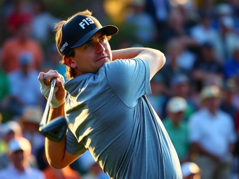 A focused portrait of Brian Harman on a golf course, mid-swing with a putter, wearing a white cap and a blue shirt, set again
