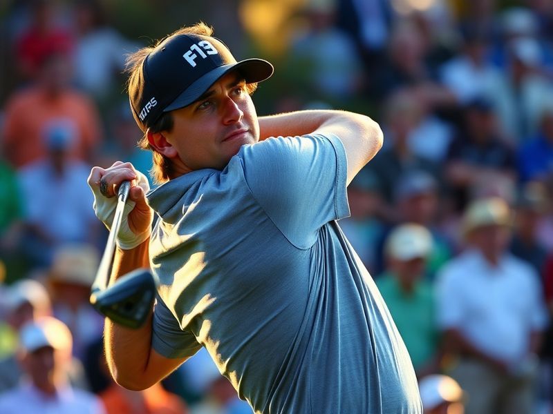 A focused portrait of Brian Harman on a golf course, mid-swing with a putter, wearing a white cap and a blue shirt, set again