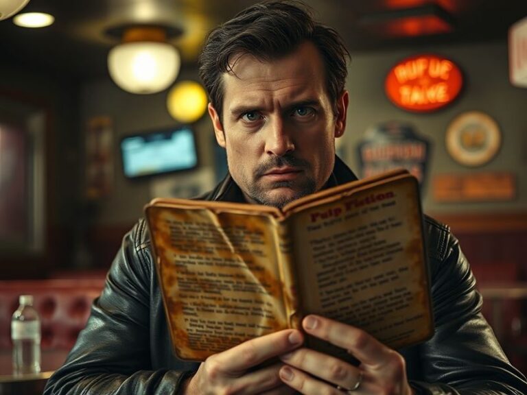 A split-screen image showing Pete Hegseth on a TV screen alongside a scene from Pulp Fiction featuring Samuel L. Jackson reci