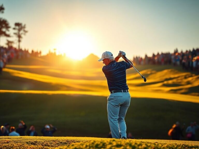 A vibrant scene of the Senior PGA Championship at a classic American golf course, featuring veteran golfers in mid-swing with