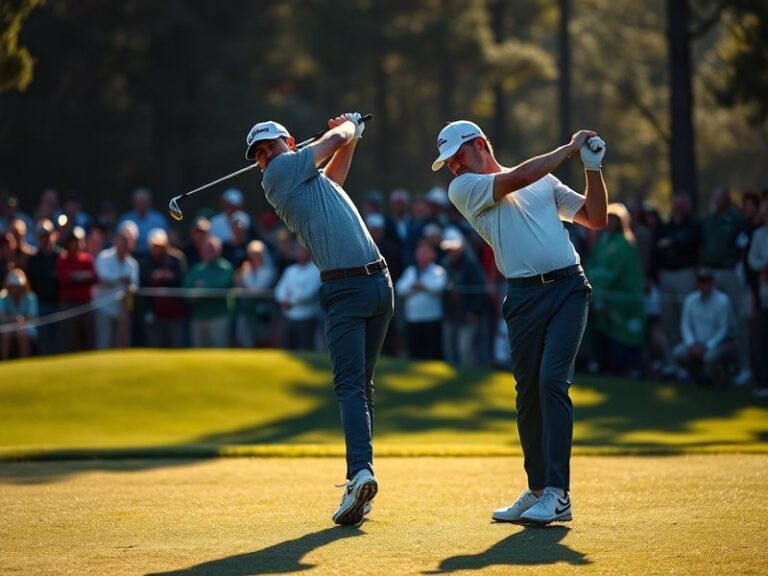 A focused portrait of Brian Harman mid-swing on a lush golf course, wearing a white cap and navy polo, with the Scottish coas