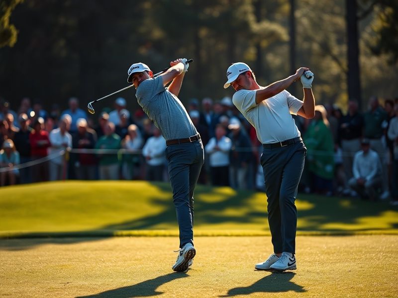 A focused portrait of Brian Harman mid-swing on a lush golf course, wearing a white cap and navy polo, with the Scottish coas