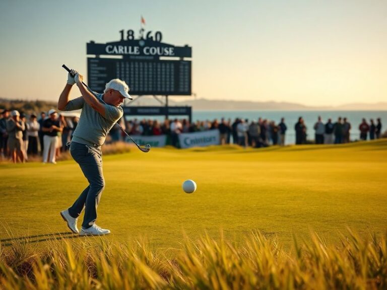 A vibrant scene at TPC Sawgrass during the Senior PGA Championship, featuring veteran golfers in mid-swing on the iconic par-