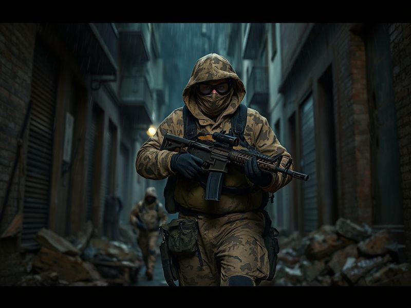 A cinematic shot of a masked special forces operative in tactical gear, holding a rifle, with a digital HUD overlay showing d
