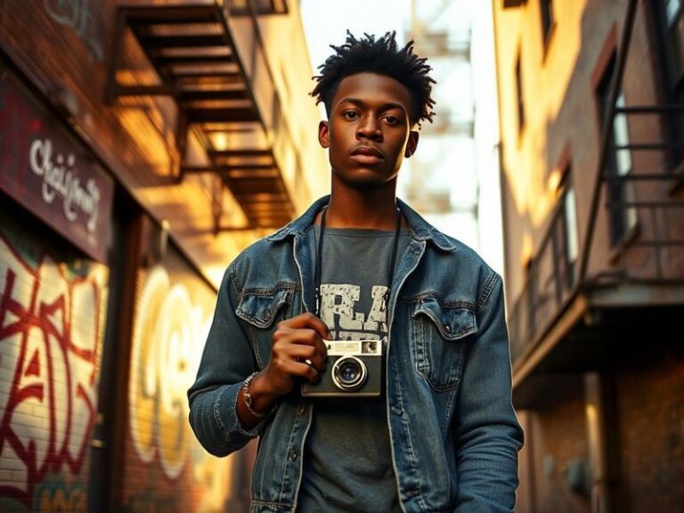 A dynamic studio portrait of Jasper Johnson in front of his vibrant mixed-media artwork, surrounded by paint cans and brushes