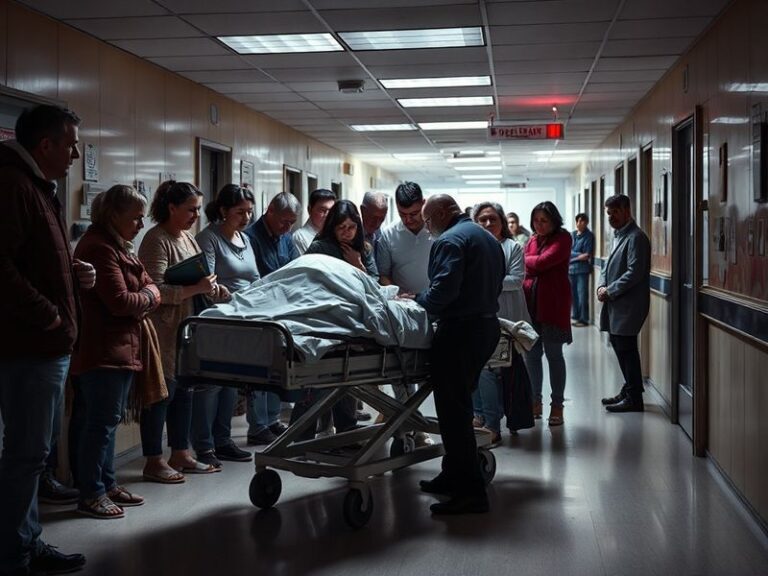 A moody hospital corridor scene from Casualty, with dim lighting casting long shadows. A group of grief-stricken doctors and