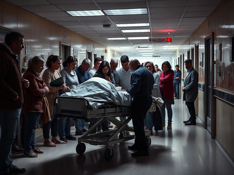 A moody hospital corridor scene from Casualty, with dim lighting casting long shadows. A group of grief-stricken doctors and
