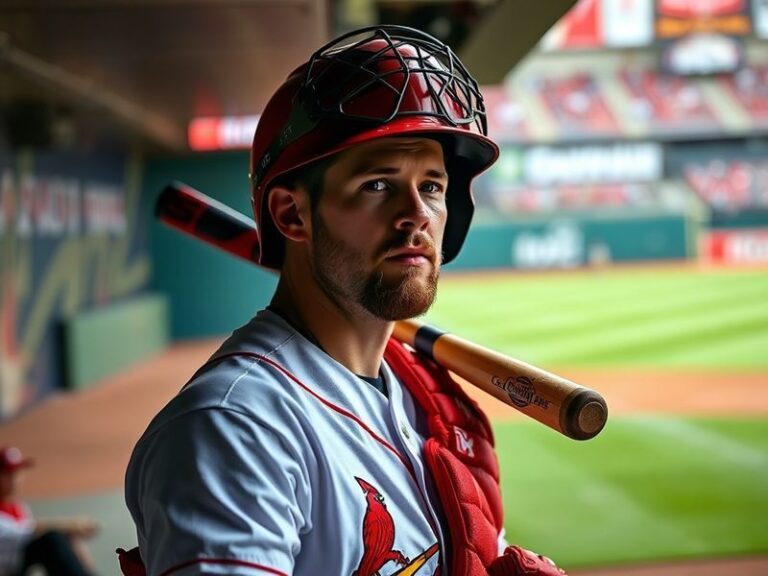 A dynamic action shot of Carson Kelly in full catcher’s gear, crouched behind home plate during a game, framed by the stadium