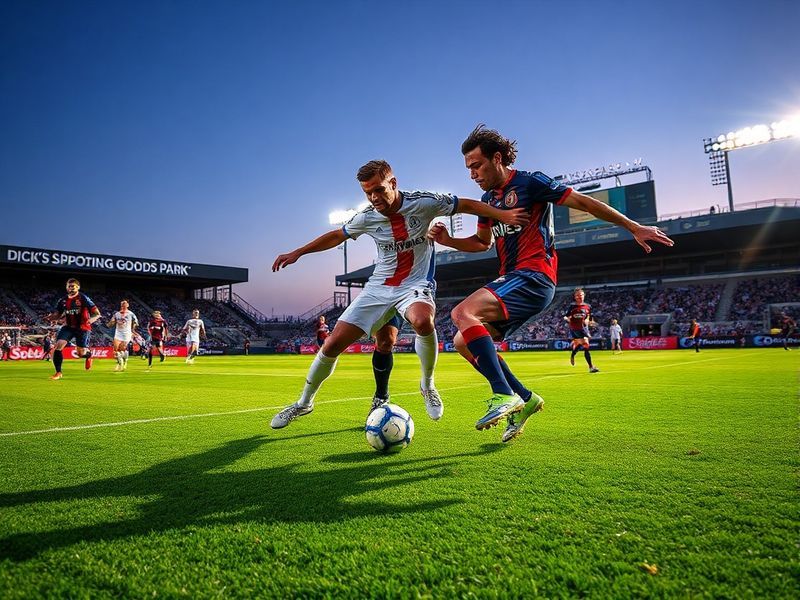 A vibrant stadium atmosphere with fans in blue and pink scarves, Messi dribbling past a Colorado defender under bright stadiu