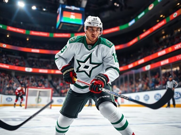 A dynamic action shot of Logan Stankoven in a Dallas Stars jersey, skating with the puck during an NHL game. He is focused an