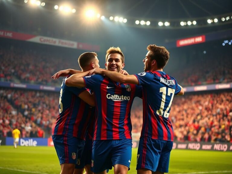 A dynamic shot of Atlético Madrid players celebrating a goal at the Estadio Metropolitano, capturing the intensity of the mat