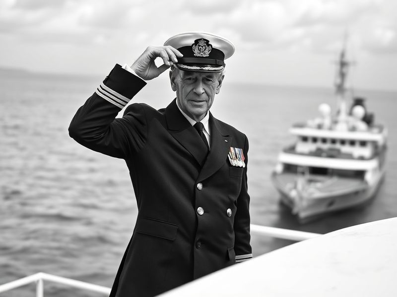 A formal portrait of Prince Philip in his later years, wearing his naval uniform and the sash of the Order of the Garter, set