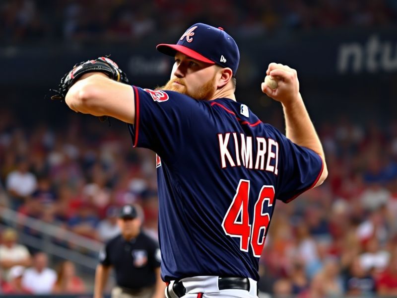 A dynamic action shot of Craig Kimbrel in his Los Angeles Dodgers uniform, mid-pitch delivery with intense focus, wearing his