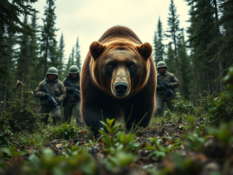 A black-and-white photograph of a 11th Airborne Division patrol moving through dense jungle foliage, with a shadowy bear-like