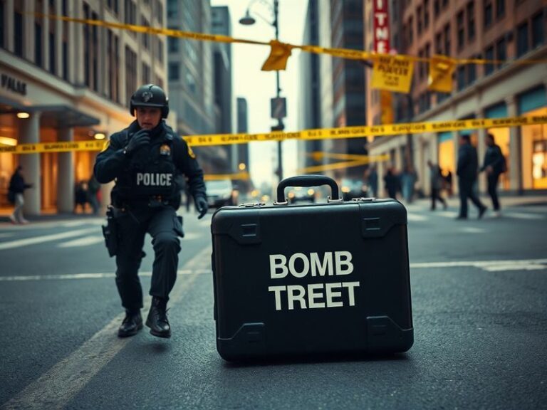 A tense scene of emergency responders evacuating a public building with police tape and bomb squad vehicles in the background