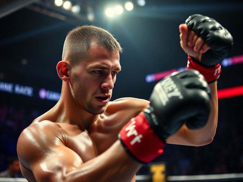 A dynamic action shot of Alex Wilkins mid-move in a brightly lit wrestling ring, wearing their signature gear, with a crowd b