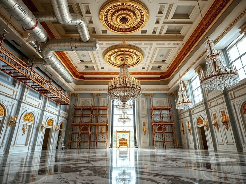 An interior view of the White House East Room during renovation, showing gold-accented fixtures, scaffolding, and constructio