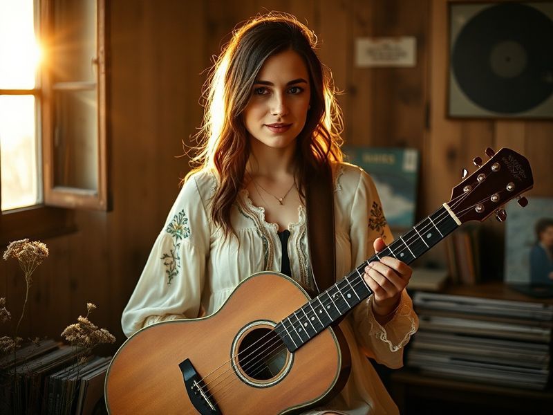 A candid live performance of Kacey Musgraves on stage, bathed in warm golden lighting, wearing a flowing dress with a guitar