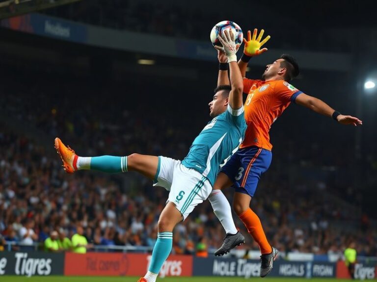 A vibrant image of a packed stadium with Necaxa and Tigres fans passionately cheering, featuring team colors, banners, and th
