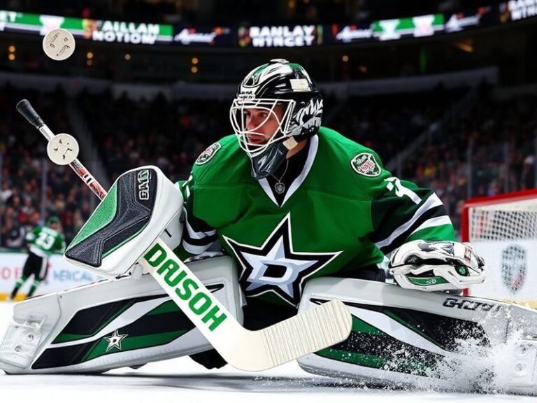 A dynamic action shot of Jake Oettinger in full Stars gear, mid-save during a game at American Airlines Center, with the Dall
