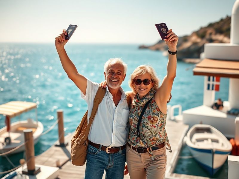 A scenic view of a whitewashed Greek island village with British and Greek flags flying side by side, featuring a mix of tour