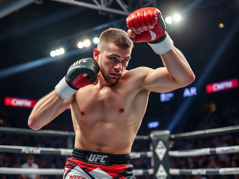 A dynamic action shot of Tanner Boser in the UFC octagon, mid-combination with his fists raised, surrounded by the crowd and