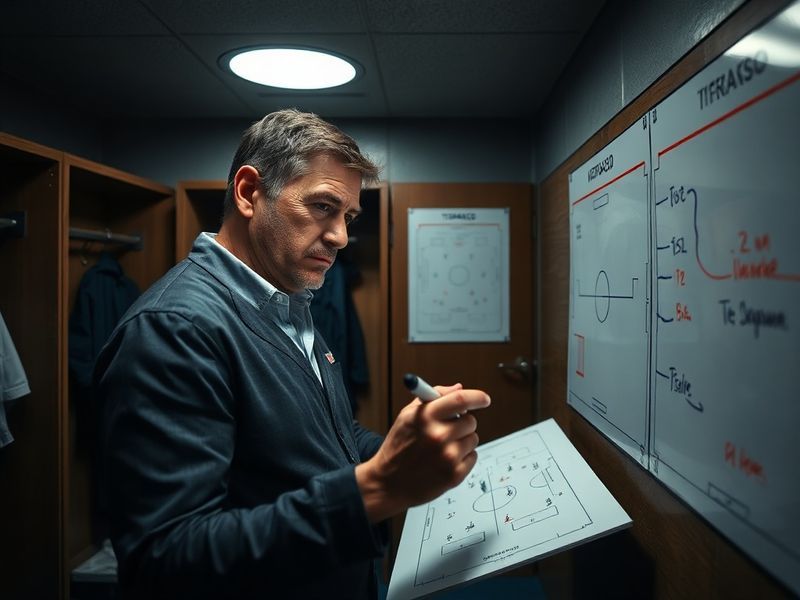 A dynamic action shot of Pellegrino Matarazzo on the touchline at Hoffenheim, gesturing intensely during a match. He wears a