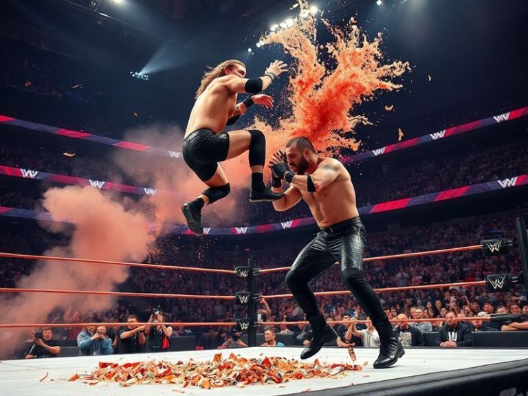 A dynamic shot of Demolition (Ax and Smash) in their iconic leather and spiked shoulder pads, mid-match with a caged ring bac
