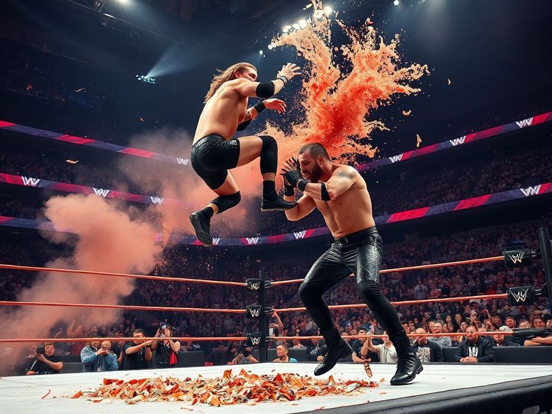 A dynamic shot of Demolition (Ax and Smash) in their iconic leather and spiked shoulder pads, mid-match with a caged ring bac