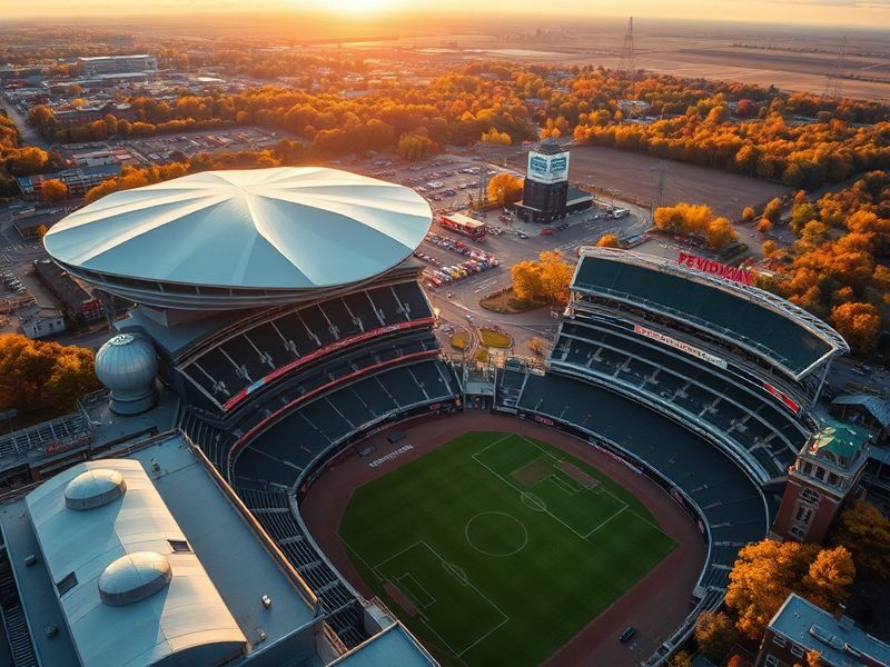 Side-by-side image of Columbus’ downtown skyline against a sunset and Boston’s historic waterfront with autumn foliage, highl