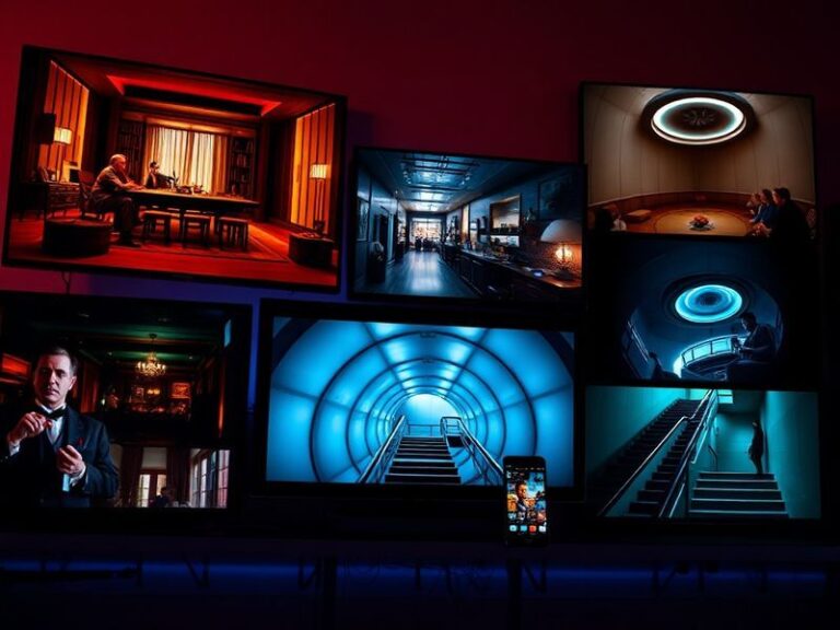 A cozy living room setup with a laptop streaming a movie, surrounded by dim warm lighting, a half-eaten snack bowl, and a pen