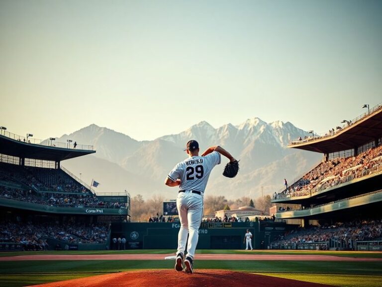 A vibrant shot of Coors Field during a Colorado Rockies game at sunset, showcasing the stadium’s unique architecture, players
