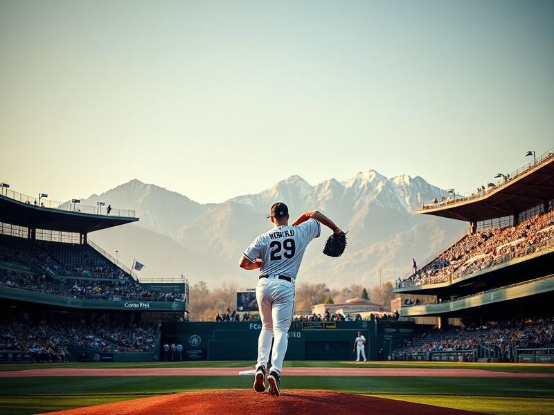 A vibrant shot of Coors Field during a Colorado Rockies game at sunset, showcasing the stadium’s unique architecture, players