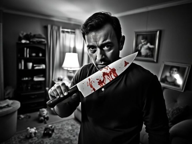 A dimly lit courtroom scene with a shadowed figure in the foreground, representing a husband-father killer. The background sh