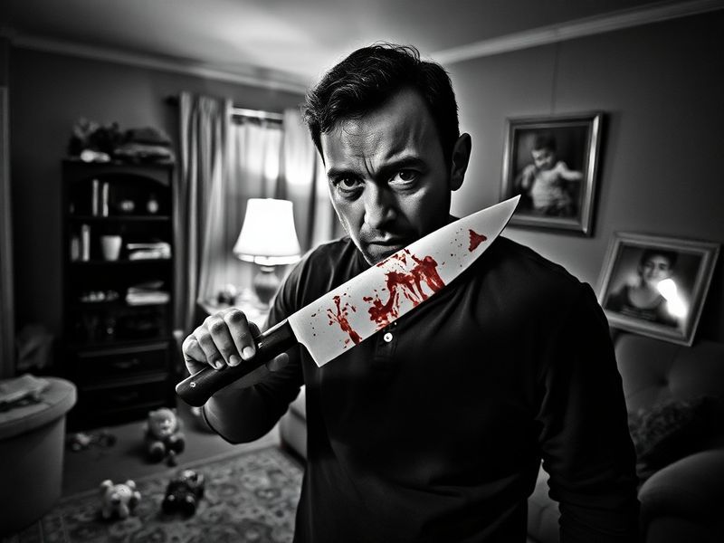 A dimly lit courtroom scene with a shadowed figure in the foreground, representing a husband-father killer. The background sh