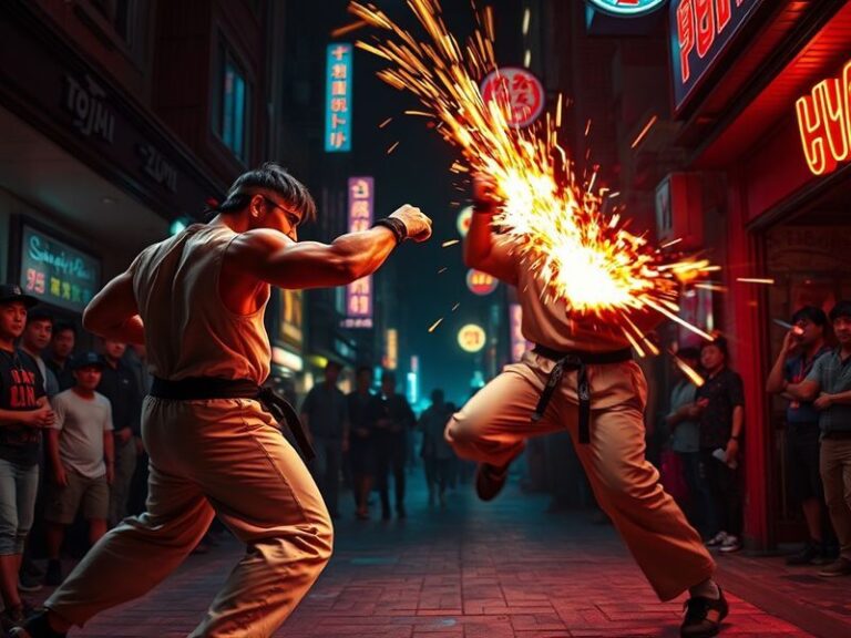 A dynamic movie poster featuring Ryu and Ken in combat poses, with Chun-Li and M. Bison in the background. The setting is a n