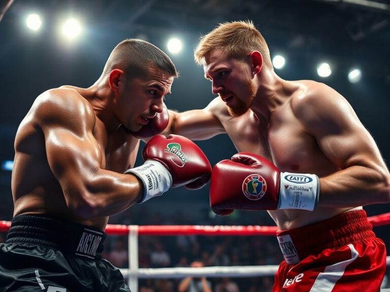 A dynamic action shot of Ben Whittaker in the boxing ring during a fight, showcasing his defensive stance and precise techniq