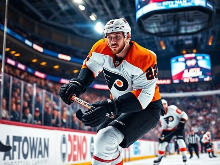A focused action shot of Sean Couturier in a Flyers jersey, mid-game, with his helmet off and intense concentration. The back