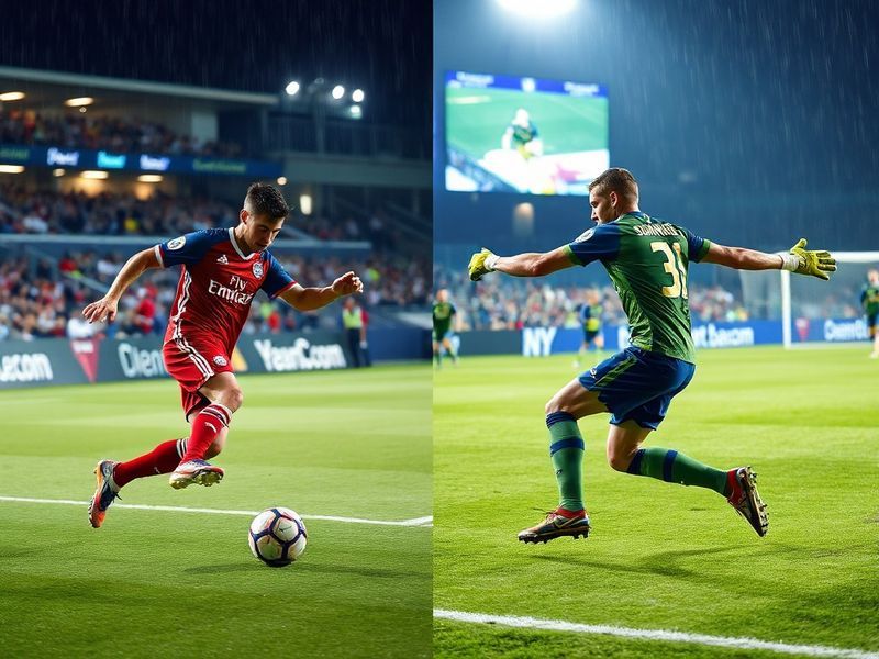 A collage of St. Louis City SC's CityPark stadium with fans in red scarves and Seattle Sounders' Lumen Field with a diverse c