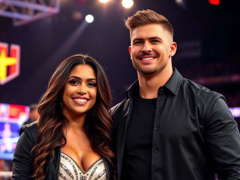 A vibrant, high-energy photo of Cody and Brandi Rhodes posing together at a wrestling event. Cody is in his signature wrestli
