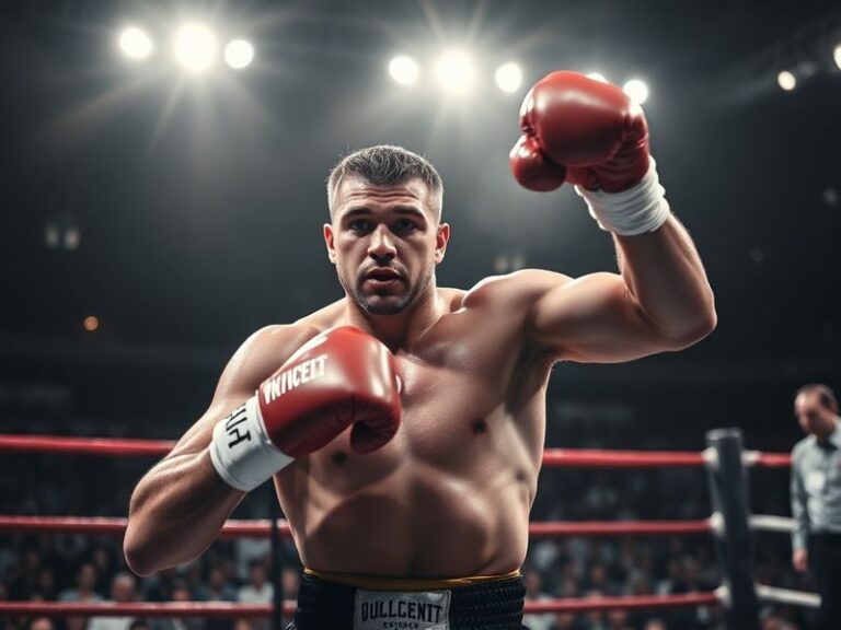 A dynamic action shot of Ben Whittaker in the ring, wearing red gloves and a black-and-gold trunks, mid-combination punch dur