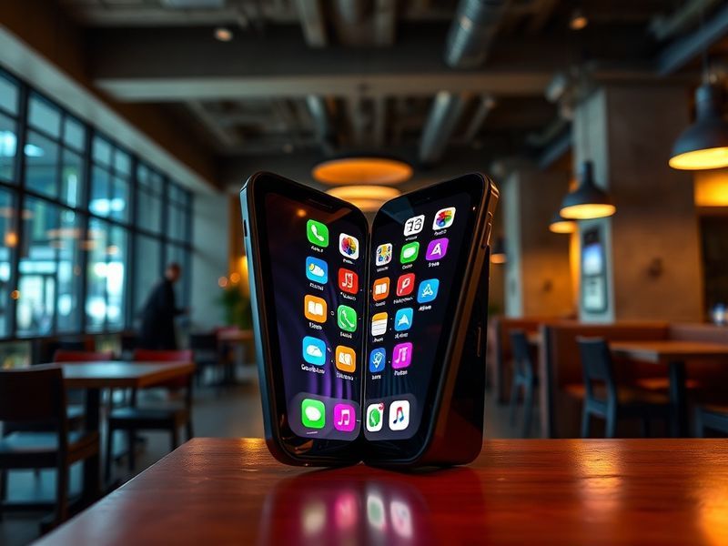 A sleek, silver iPhone Fold unfolded on a minimalist white surface, displaying its 7.9-inch inner screen with vibrant colors