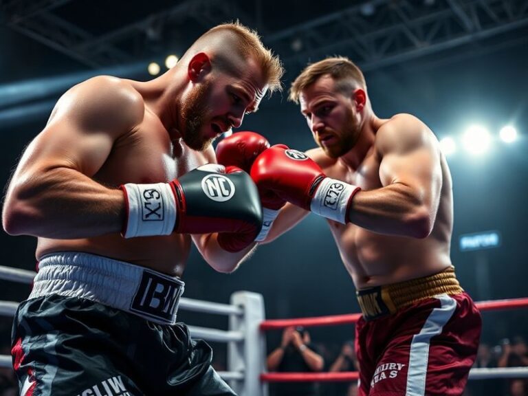 A dynamic action shot of Ben Whittaker mid-combo in a brightly lit boxing ring, wearing a white and blue uniform with a deter