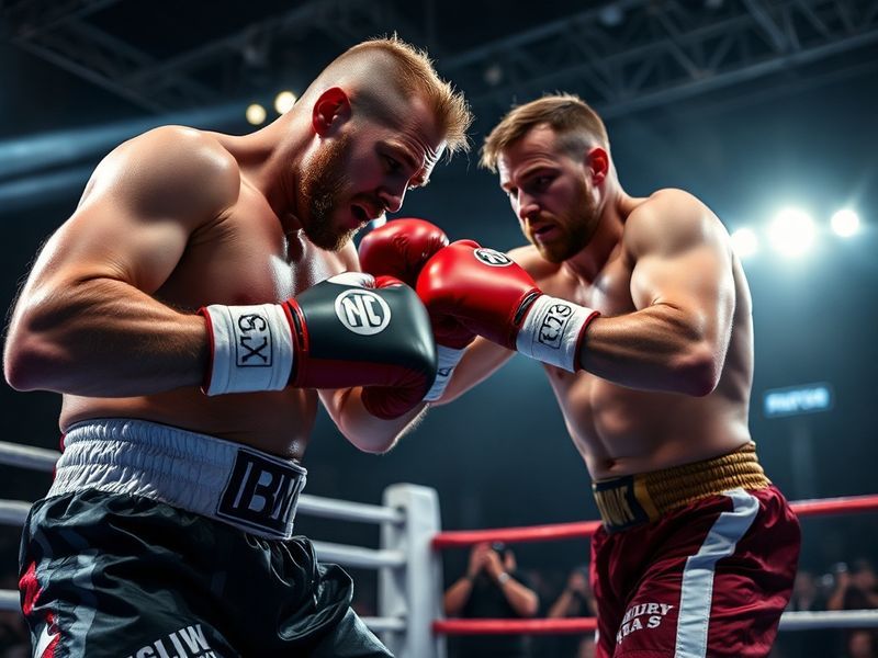 A dynamic action shot of Ben Whittaker mid-combo in a brightly lit boxing ring, wearing a white and blue uniform with a deter