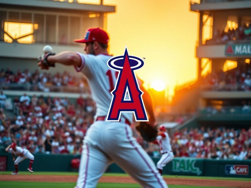 A dynamic shot of Shohei Ohtani in mid-pitch at Angel Stadium, surrounded by a diverse crowd of fans in Angels gear, with the